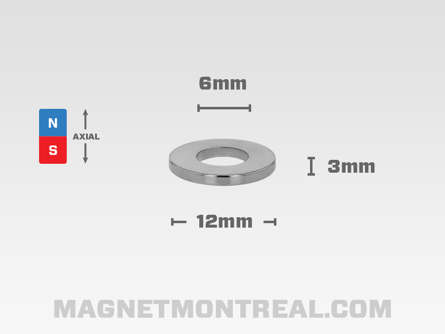 Aimant cylindrique au Néodymium avec trou 12mm large x 3mm d'épaisseur  (0.47 x 0.2) - Magnet Montréal