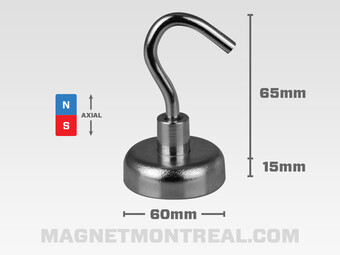 Neodymium Mounting Hook Magnet, 60mm wide x 15mm thick (2.36" x 0.6")
